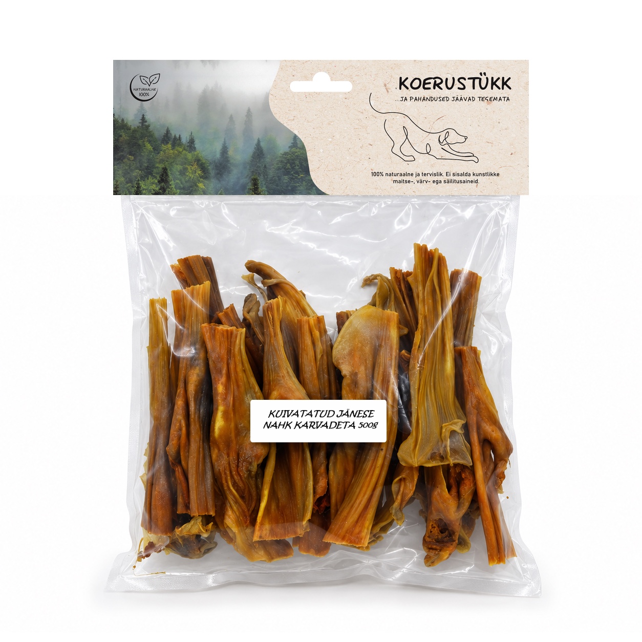 Koerustükk kuivatatud jänese nahk koerale 500g